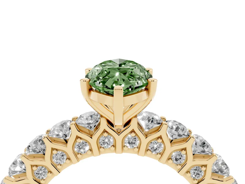 Fancy Green Marquise Cut Diamond Solitaire Ring Set in Yellow gold with Shared Prong Pavé Band