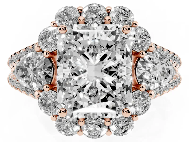 Radiant Cut Diamond Halo Split Shank Engagement Ring Set in Rose gold with Prong-Held Center Stone