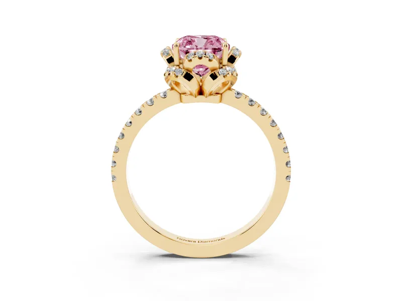 Cushion Cut Floral Petal Halo Engagement Ring Setting for a Fancy Pink Lab-Grown Diamond | Pavé Band | Yellow Gold