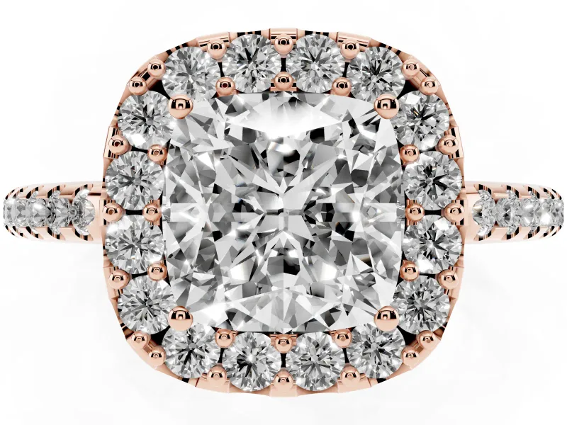 Cushion Cut Pave Halo Engagement Ring Setting | Pave Band | Rose Gold