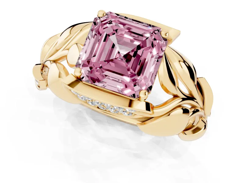 Fancy Pink Asscher Cut Diamond Leaf-Inspired Engagement Ring Set in Yellow gold with Round Accents