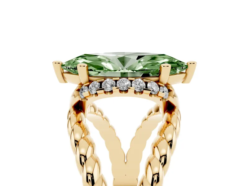 Fancy Green Marquise Cut Diamond Halo Ring Set in Yellow gold with Twisted Band and Prong Setting