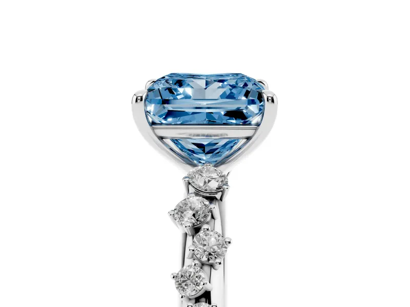 Fancy Blue Princess Cut Diamond Cluster Solitaire Ring Set in Platinum with Prong Setting