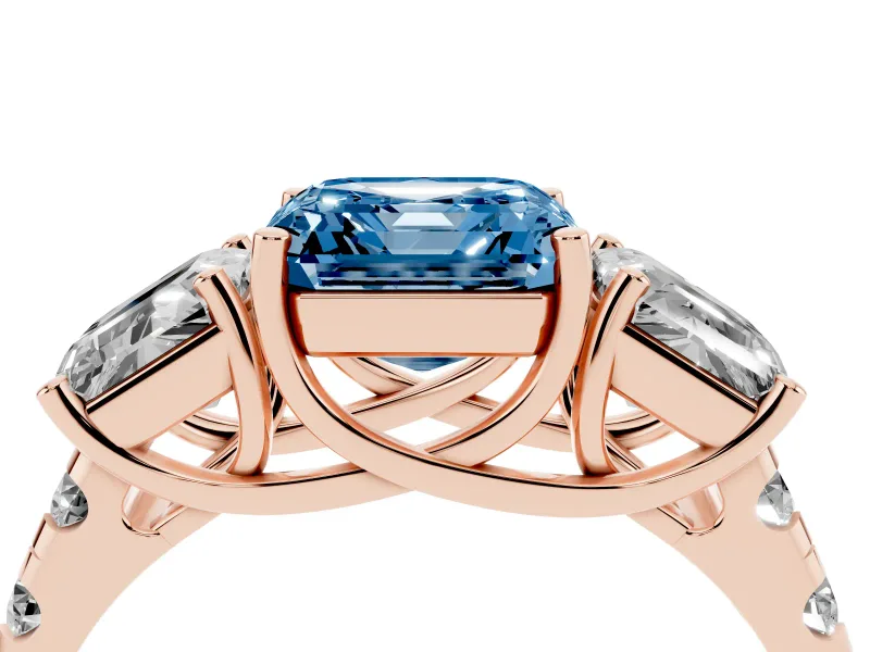 Asscher Cut Three Stone Engagement Ring Setting for a Fancy Blue Lab-Grown Diamond | Accented Shoulders | Rose Gold