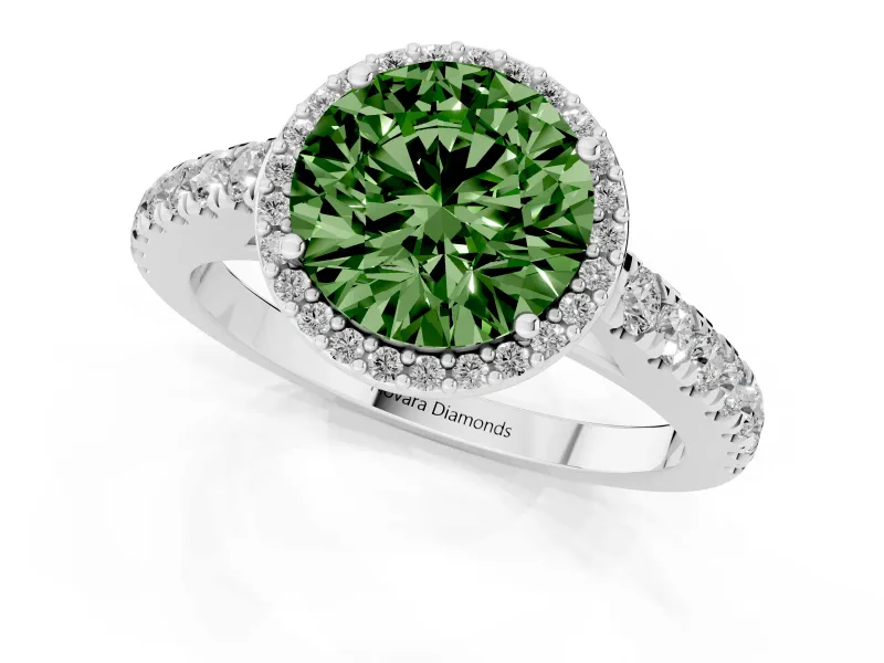 Fancy Green Round Cut Diamond Halo Engagement Ring Set in White gold with Pavé Band and Prong Setting