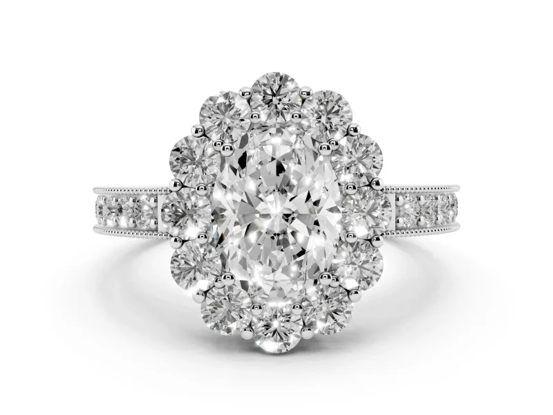 Oval Cut Diamond Halo Pavé Engagement Ring Set in Silver with Milgrain Detailing