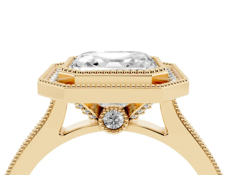 Asscher Cut Vintage Milgrain Halo Engagement Ring Setting | Bezel Head | Yellow Gold