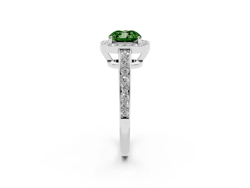 Fancy Green Cushion Cut Diamond Halo Pavé Engagement Ring Set in White gold with Bezel Setting