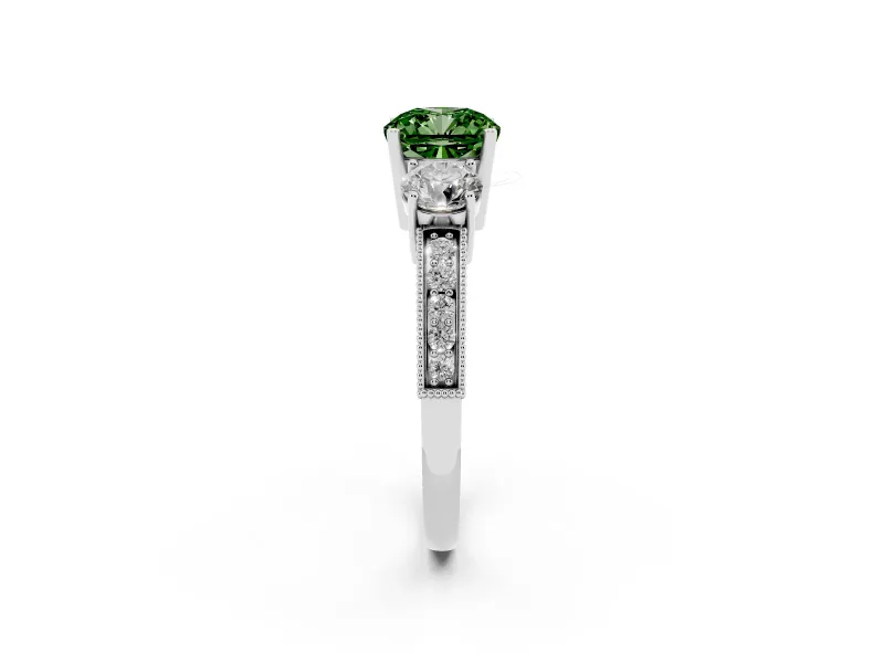Cushion Cut Three Stone Engagement Ring Setting for a Fancy Green Lab-Grown Diamond | Graduated Pave Band | Platinum