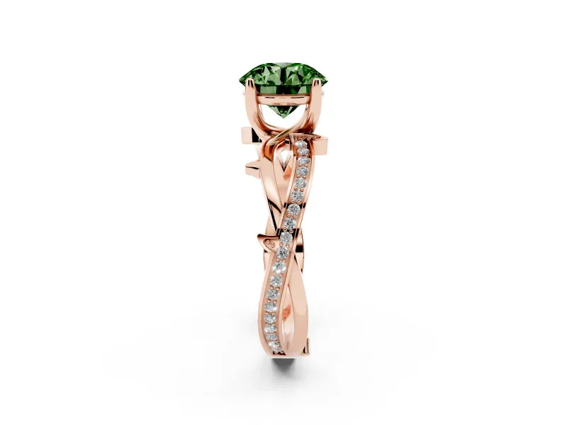Fancy Green Round Cut Diamond Pavé Twist Band Solitaire Ring Set in Rose gold with Prong Setting