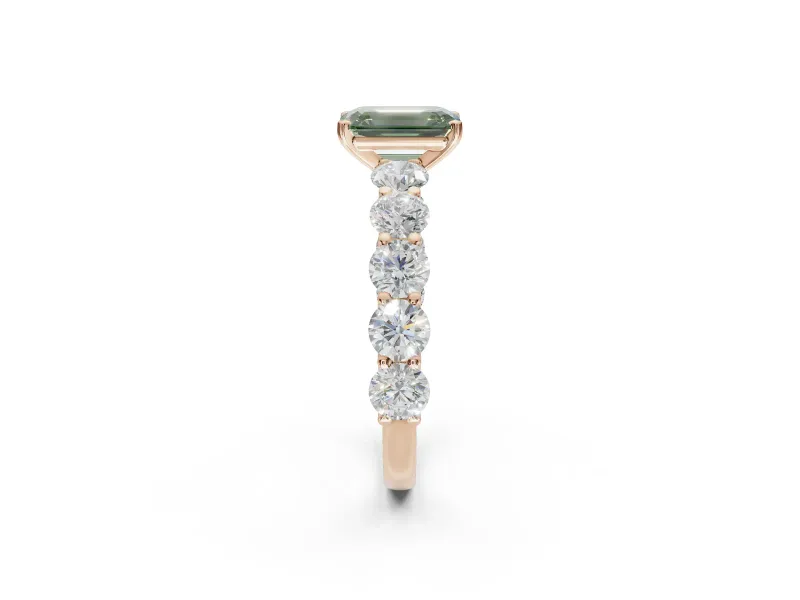 Emerald Cut Side Stone Engagement Ring Setting for a Fancy Green Lab-Grown Diamond | Scalloped Prong Accents | Rose Gold