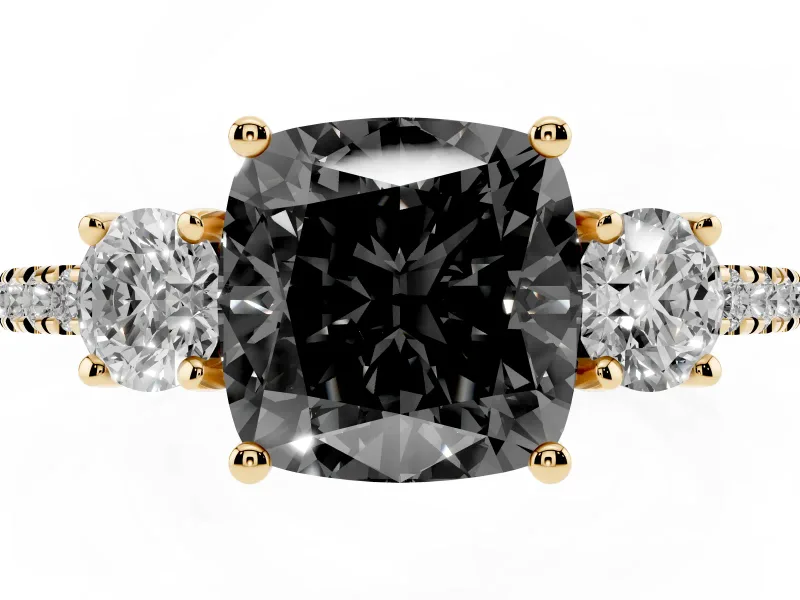 Cushion Cut Three Stone Engagement Ring Setting for a Black Center | Pavé Shoulders | Yellow Gold