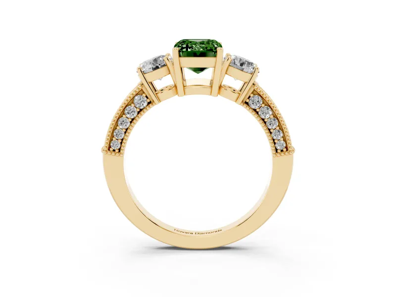 Fancy Green Emerald Cut Diamond Three-Stone Ring Set in Yellow gold with Round Side Stones and Pavé Band
