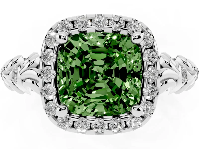 Cushion Cut Leaf Halo Engagement Ring Setting for a Fancy Green Lab-Grown Diamond | Bezel Accents | Platinum