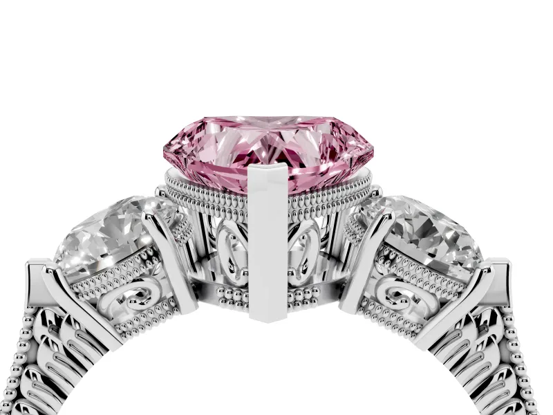 Fancy Pink Heart Cut Diamond Three-Stone Ring Set in Silver with Milgrain Band