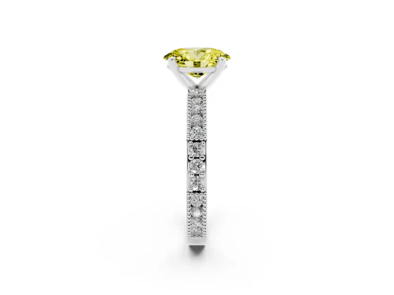 Fancy Yellow Oval Cut Diamond Solitaire Ring Set in Silver with Slim Pavé Band and Prong Setting