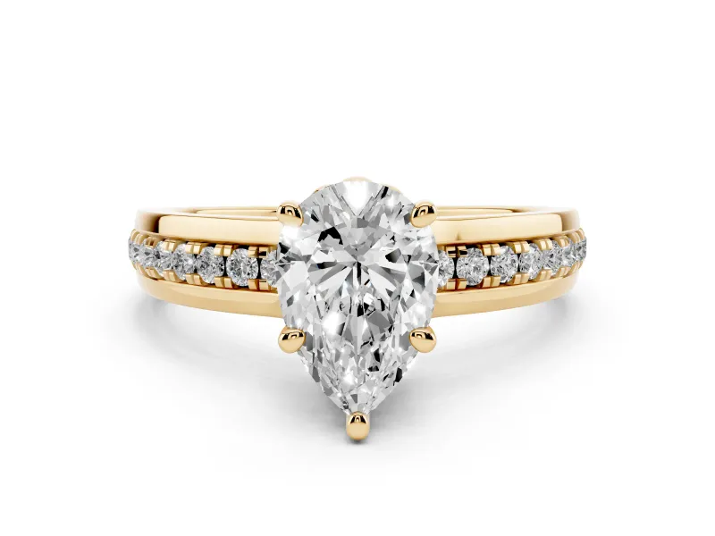 Pear Cut Diamond Solitaire Ring Set in Yellow gold with Channel Set Band and Prong Setting