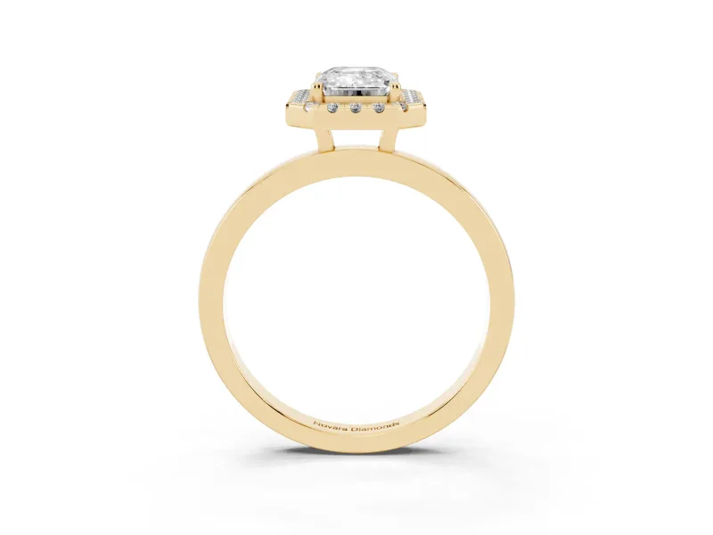 Emerald Cut Diamond Halo Solitaire Ring Set in Yellow gold with Pavé Band and Prong Setting