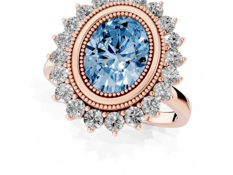 Fancy Blue Oval Cut Diamond Halo Ring Set in Rose gold with Milgrain Edge and Round Prong Setting