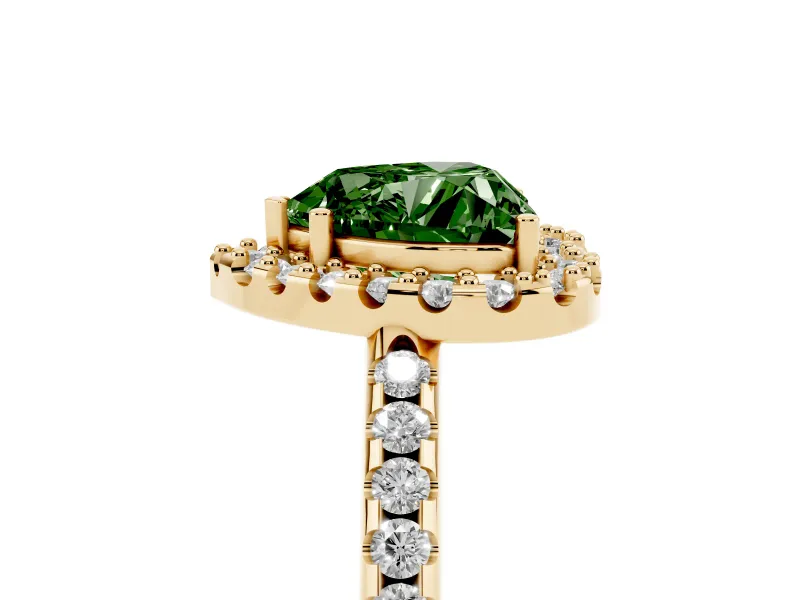 Heart-Shaped Pave Halo Engagement Ring Setting for a Fancy Green Lab-Grown Diamond | Pave Band | Yellow Gold