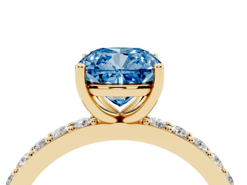 Fancy Blue Cushion Cut Diamond Solitaire Set in Yellow gold with Round Pavé Band and Prong Setting