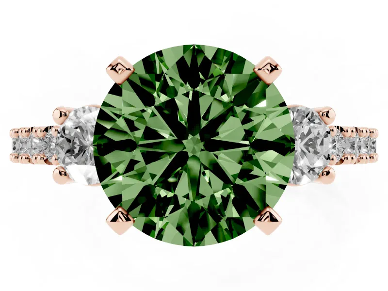 Fancy Green Three-Stone Round Cut Diamond Pavé Band Ring Set in Rose gold with Prong Setting