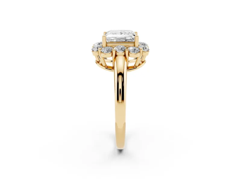 Princess Cut Milgrain Halo Engagement Ring Setting | Graduated Bezel Accents | Yellow Gold