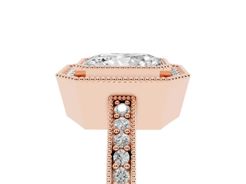 Radiant Cut Milgrain Halo Engagement Ring Setting | Pave Band | Rose Gold