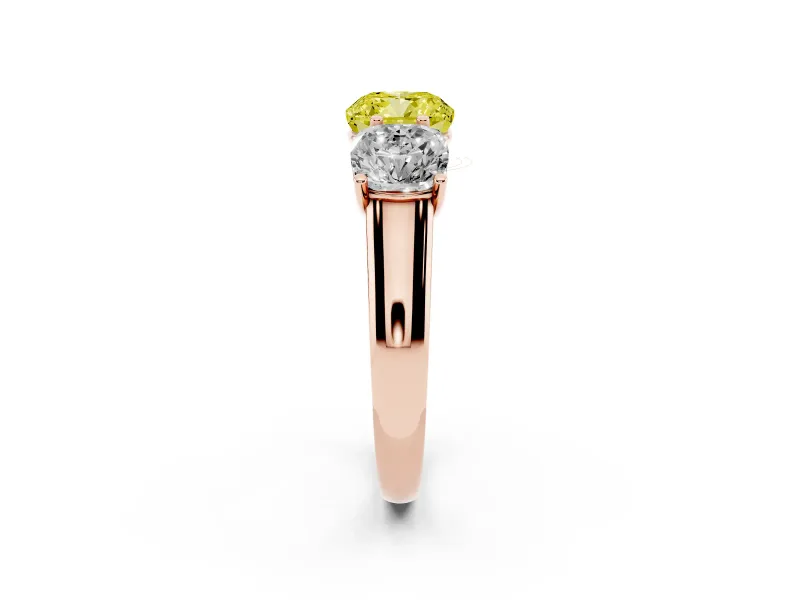 Cushion Cut Three Stone Engagement Ring Setting for a Fancy Yellow Lab-Grown Diamond | Basket Prong Heads | Rose Gold