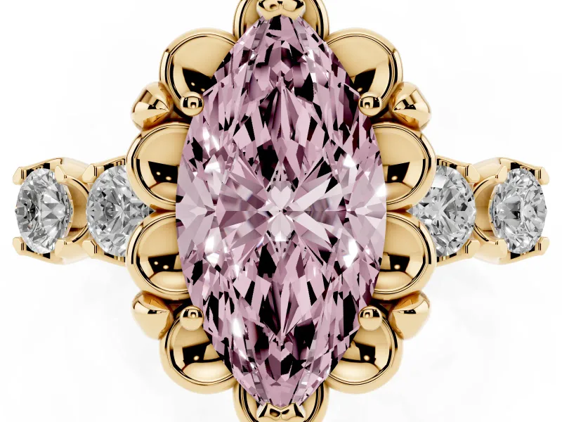 Marquise Floral Engagement Ring Setting for a Fancy Pink Lab-Grown Diamond | Petal Frame and Side Stones | Yellow Gold