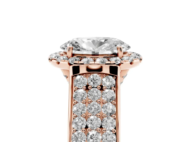 Oval Cut Diamond Halo Ring Set in Rose gold with Pavé Band and Raised Center Setting
