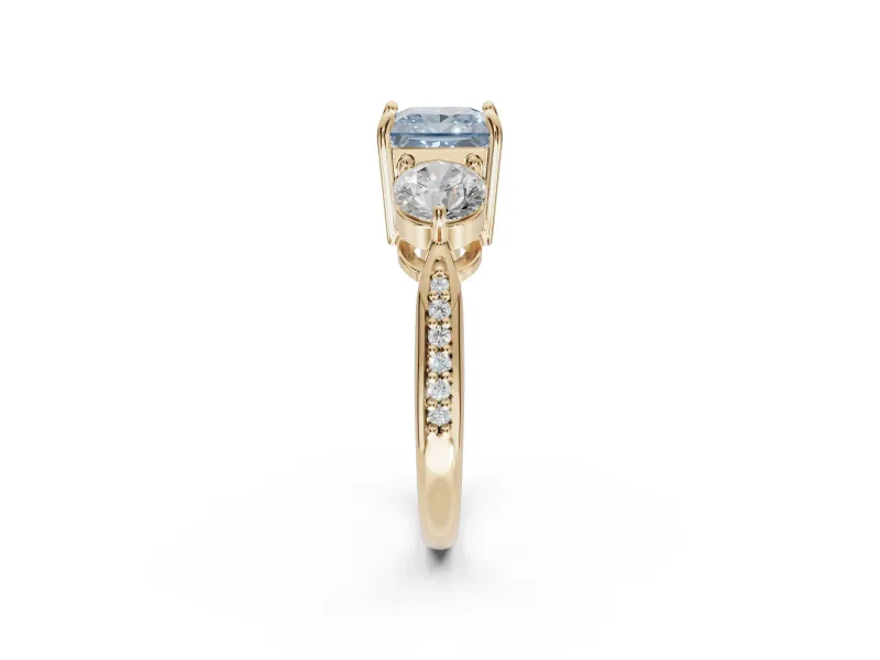 Princess Cut Three Stone Engagement Ring Setting for a Fancy Blue Lab-Grown Diamond | Tapered Pave Band | Yellow Gold