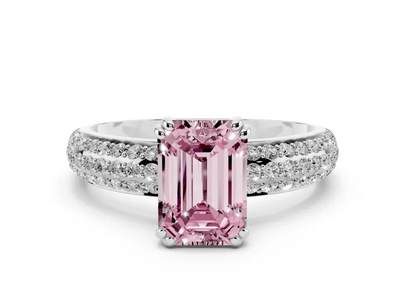 Fancy Pink Emerald Cut Diamond Solitaire Ring Set in Silver with Multi-Row Round Pavé Band and Prong Setting