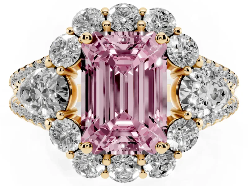 Fancy Pink Emerald Cut Diamond Halo Split Shank Engagement Ring Set in Yellow gold with Prong-Held Center Stone