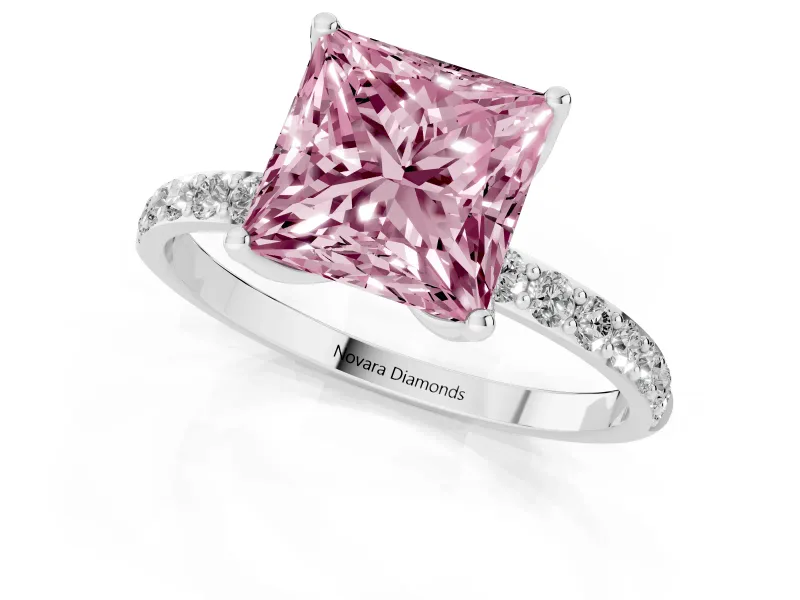 Princess Cut Pave Solitaire Engagement Ring Setting for a Fancy Pink Lab-Grown Diamond | Slim Band | Sterling Silver