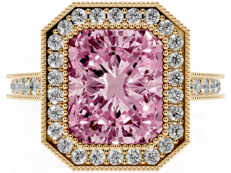 Radiant Cut Vintage Milgrain Halo Engagement Ring Setting for a Fancy Pink Lab-Grown Diamond | Bezel Head | Yellow Gold