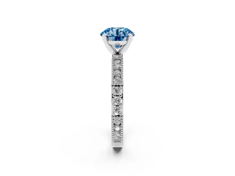 Fancy Blue Round Cut Diamond Solitaire Ring Set in Silver with Slim Pavé Band and Prong Setting