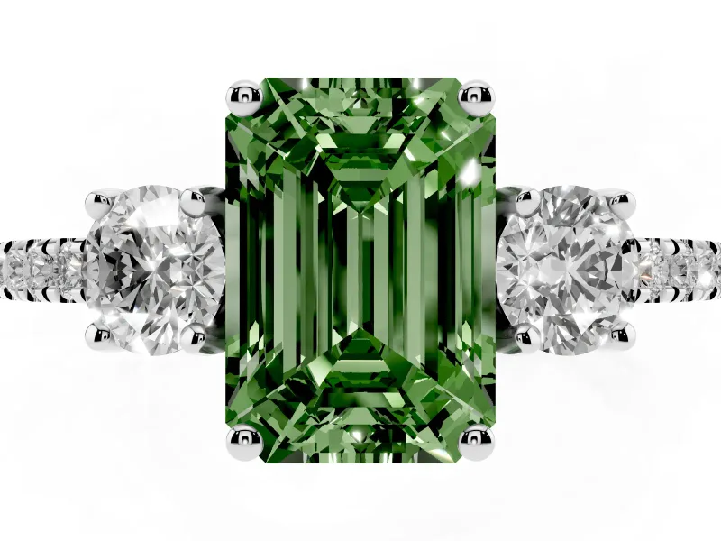 Emerald Cut Three Stone Engagement Ring Setting for a Fancy Green Lab-Grown Diamond | Pave Shoulders | Sterling Silver