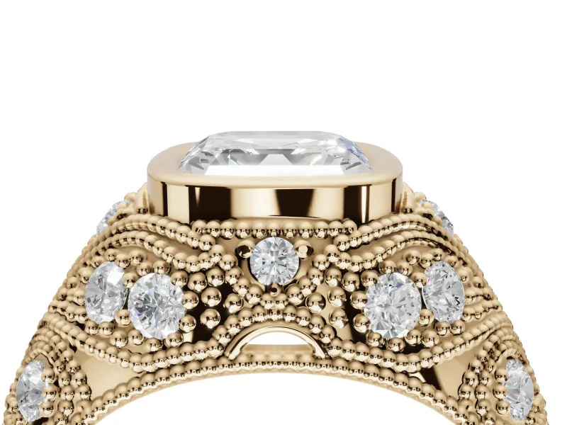 Asscher Cut Vintage Bezel Engagement Ring Setting | Beaded Paisley Shoulders | Yellow Gold