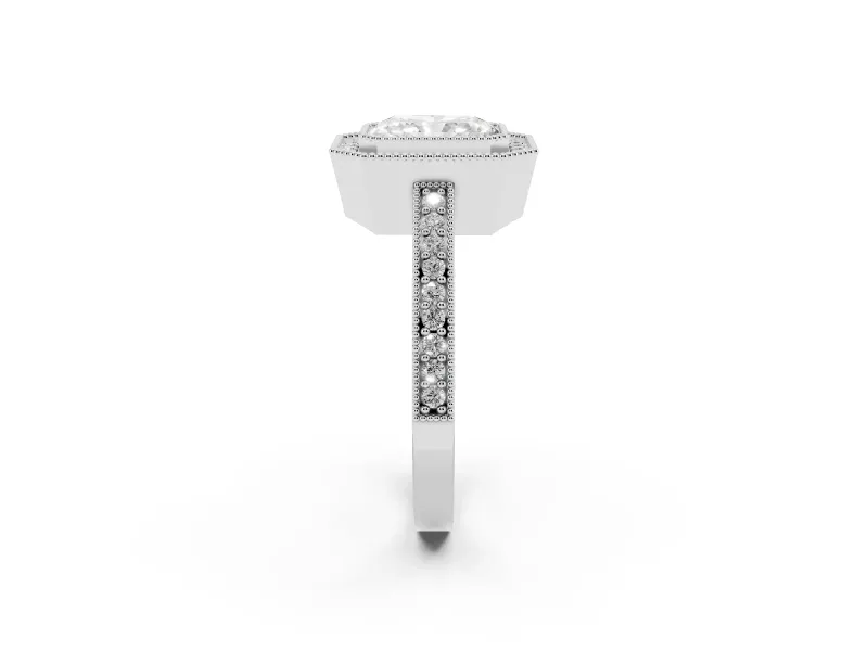 Radiant Cut Diamond Halo Engagement Ring Set in White gold with Pavé Band and Round Halo Stones