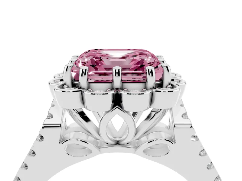 Asscher Cut Floral Halo Engagement Ring Setting for a Fancy Pink Lab-Grown Diamond | Pavé Split Shank | Sterling Silver