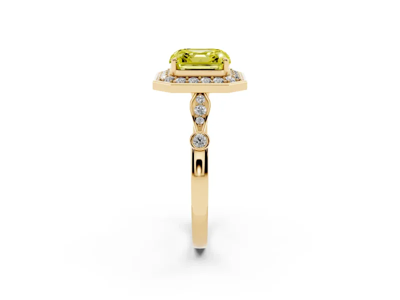 Asscher Cut Halo Engagement Ring Setting for a Fancy Yellow Lab-Grown Diamond | Bezel Station Shoulders | Yellow Gold