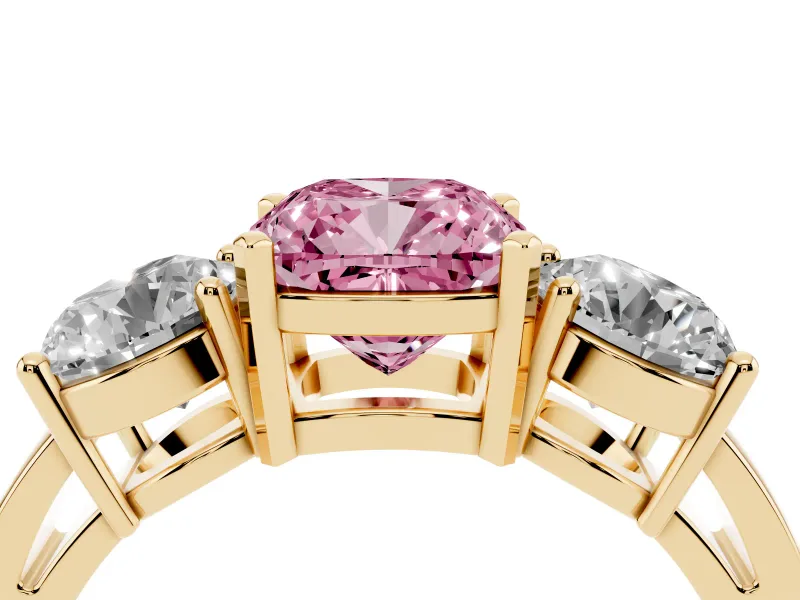 Cushion Cut Three Stone Engagement Ring Setting for a Fancy Pink Lab-Grown Diamond | Wide Plain Band | Yellow Gold