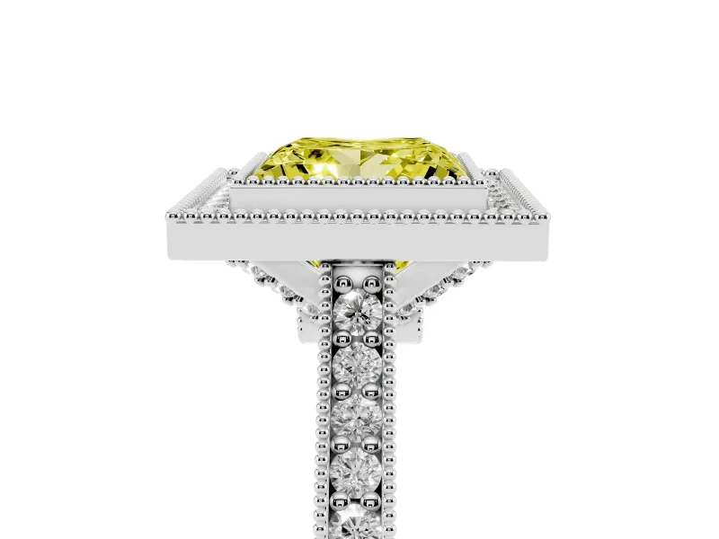 Princess Cut Vintage Milgrain Halo Engagement Ring Setting for a Fancy Yellow Lab-Grown Diamond | Bezel Head | Platinum