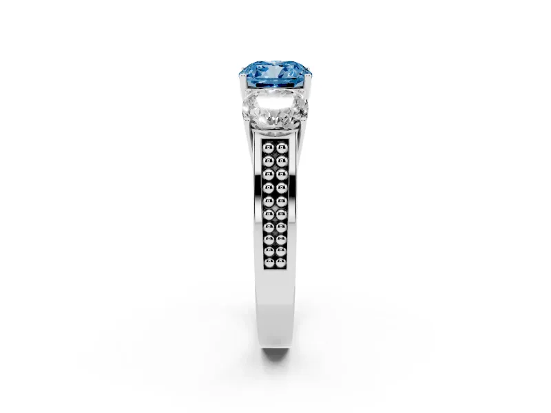 Cushion Cut Three Stone Engagement Ring Setting for a Fancy Blue Lab-Grown Diamond | Beaded Shoulders | Platinum