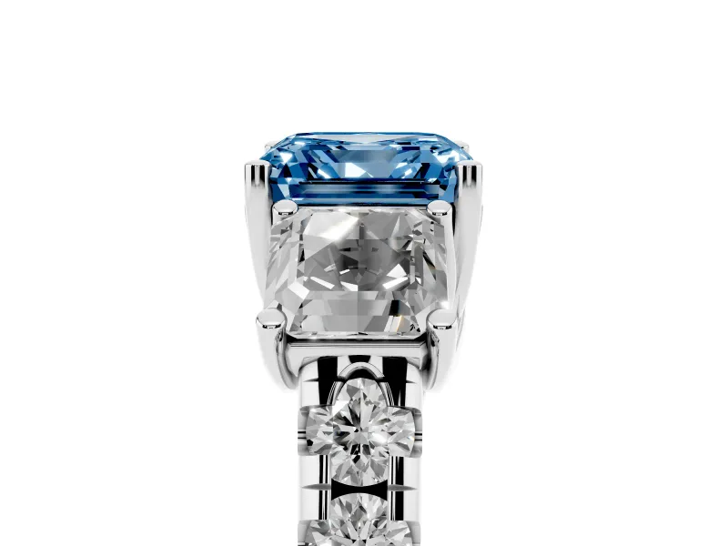 Asscher Cut Three Stone Engagement Ring Setting for a Fancy Blue Lab-Grown Diamond | Accented Shoulders | Platinum