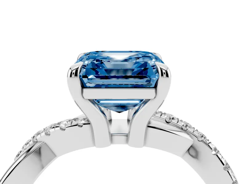 Fancy Blue Asscher Cut Diamond Twist Band Solitaire Set in White gold with Pavé Accents and Prong Setting
