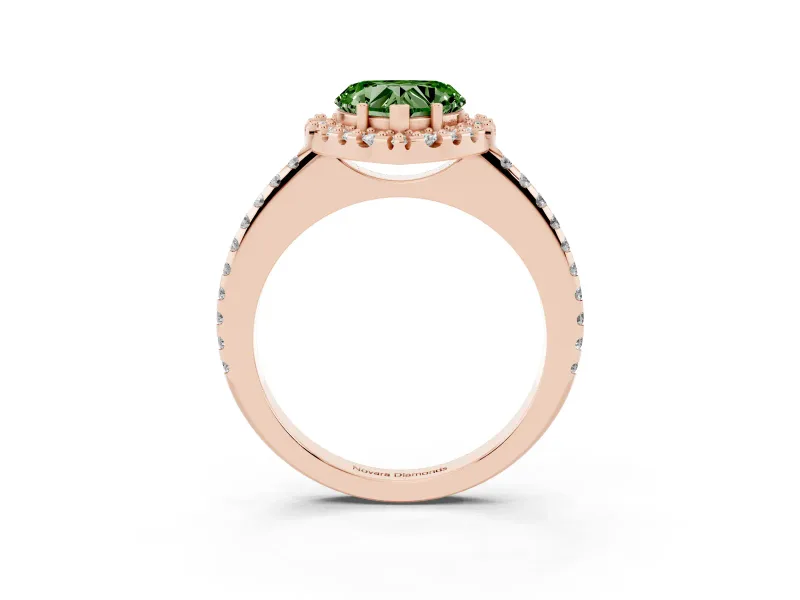 Heart-Shaped Pave Halo Engagement Ring Setting for a Fancy Green Lab-Grown Diamond | Pave Band | Rose Gold
