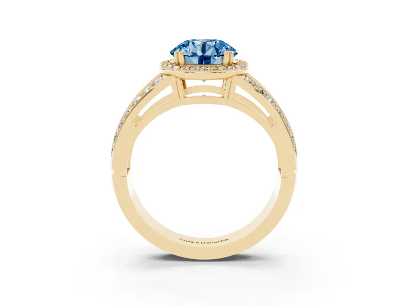 Round Halo Engagement Ring Setting for a Fancy Blue Lab-Grown Diamond | Split Shank | Yellow Gold