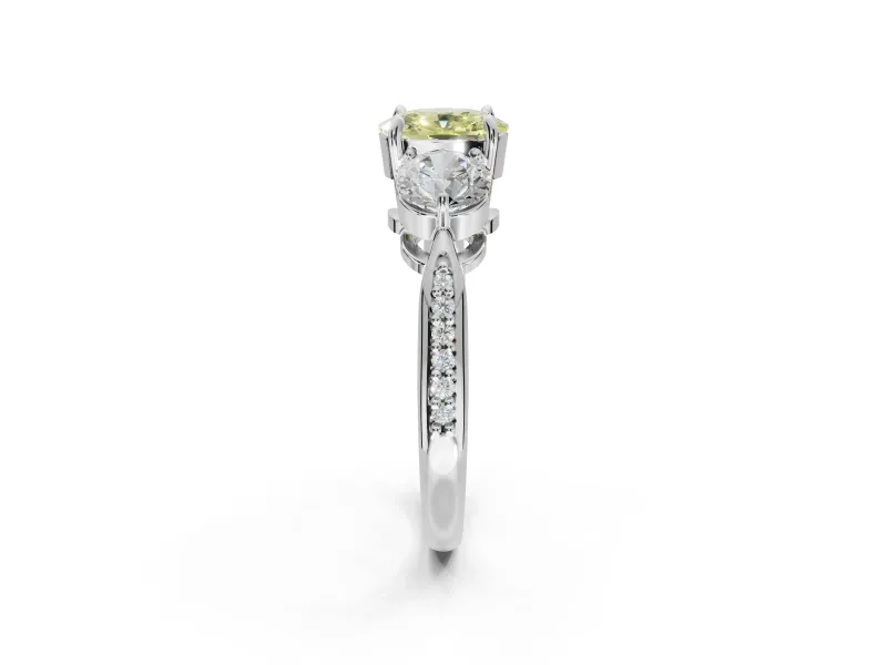Cushion Cut Three Stone Engagement Ring Setting for a Fancy Yellow Lab-Grown Diamond | Tapered Pave Band | Platinum